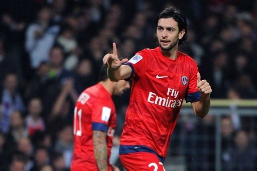 Paris' midfielder Javier Pastore celebrates after scoring a goal on February 1, 2013 in Toulouse
